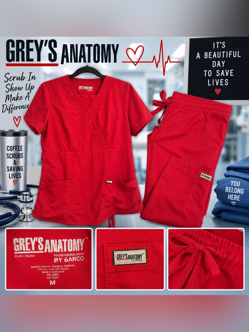 Grey’s Anatomy by Barco Red Scrub Set Top & Pants Size Medium